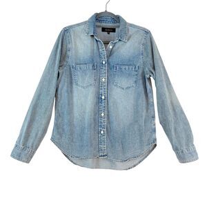 Quince Distressed Denim Shirt Womens M Blue Cotton Long Sleeve Western Button Up